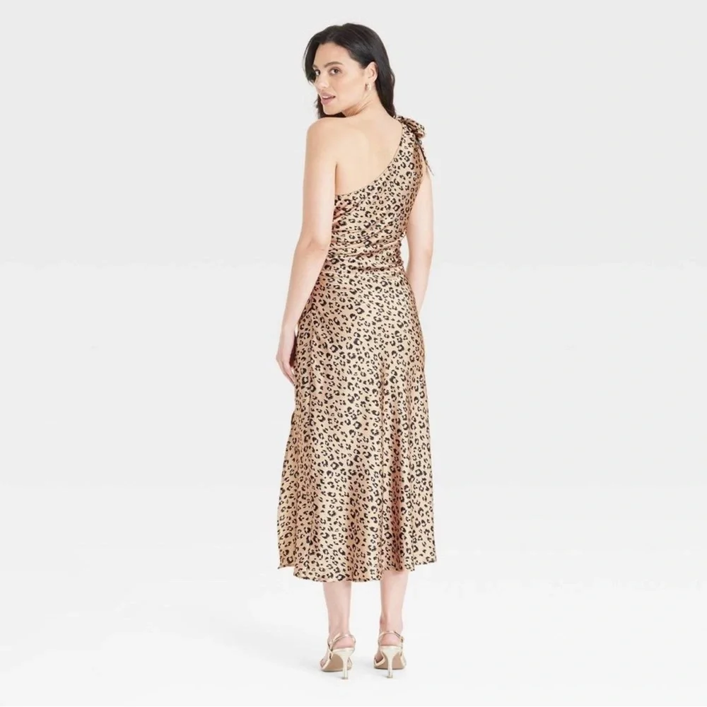 A New Day Women's One Shoulder Satin Midi Dress Brown Leopard Cheetah Print - Picture 2 of 3